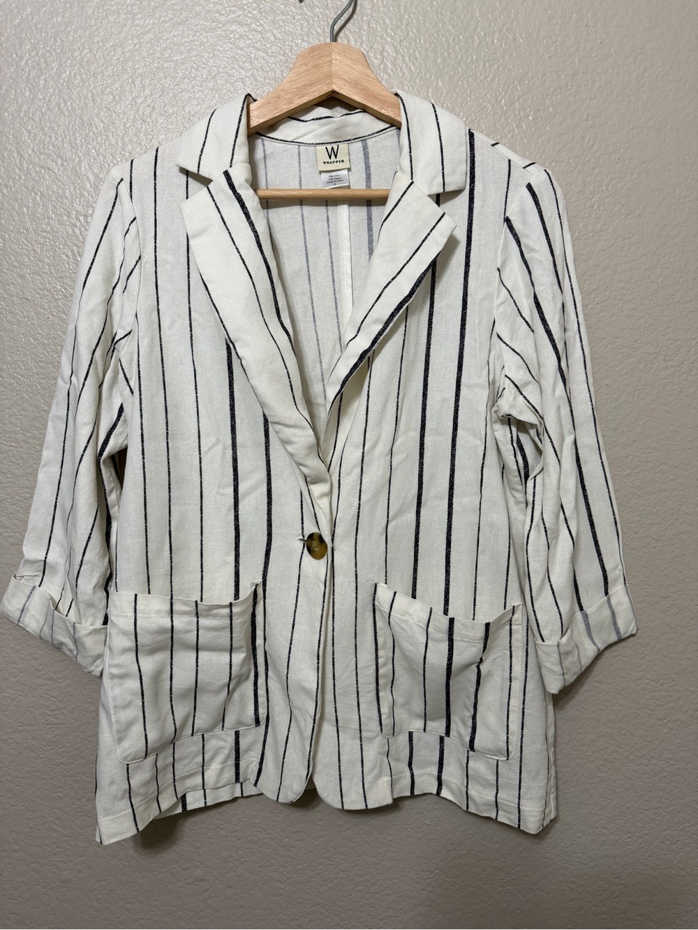 Women’s Cream and Black Striped Blazer M Linen/Rayon Light Weight Beach Boho
